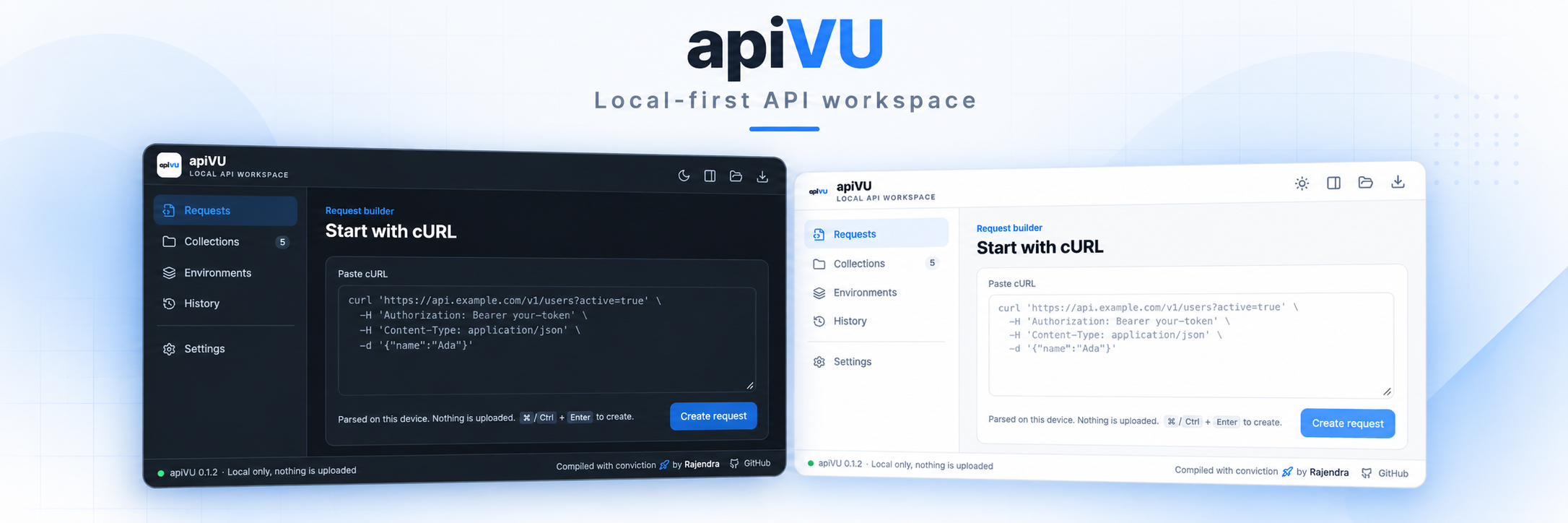 apiVU side panel with a pasted cURL command
